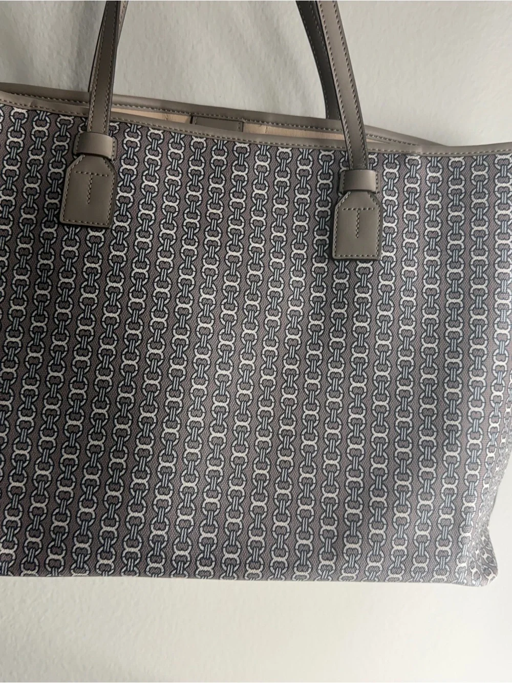 Tory Burch Beige and Navy Striped Logo Tote